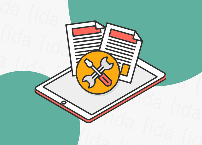 tablet con un logo de herramientas y textos de contenido en su parte superior.