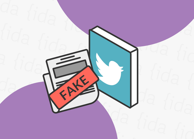 Logo twitter a un costado de una fake news.