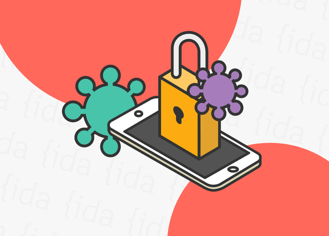 celular con un candado y rodeado por un "virus".