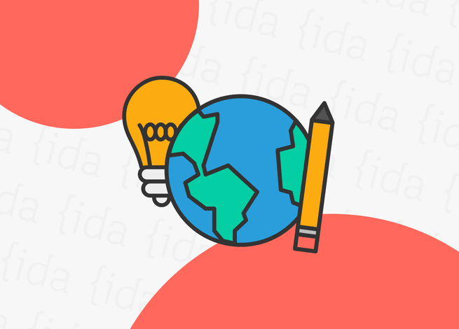 ícono del mundo, acompañado por una ampolleta y un lápiz.