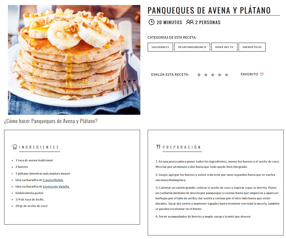 Receta de panqueques de avena y plátano, en la cual existe una imagen de referencia, título, ingredientes y preparación. Además, este ejemplo hace referencia a los estándares mínimos de accesibilidad en un sitio.
