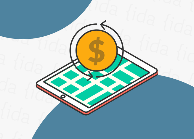 Tablet con símbolo de dinero en su parte superior y dentro del dispositivo se observa un plano de una ciudad.