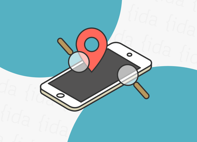 Celular con un icono de gps y lupas a su alrededor.