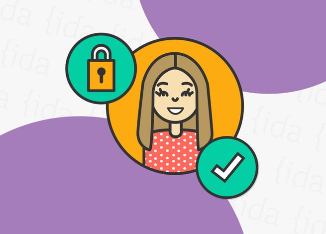 persona con candado a su lado y check de verificación, lo que hace referencia a su identidad.