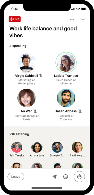 Interfaz de salas de audio de LinkedIn