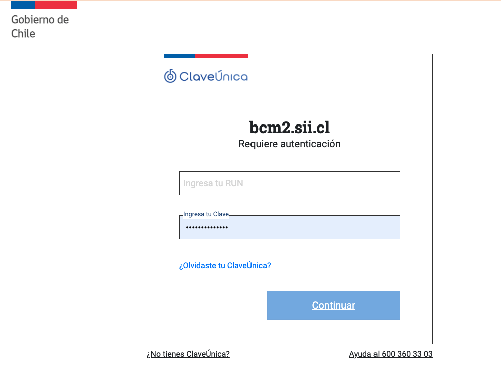 Login del SII con clave única.