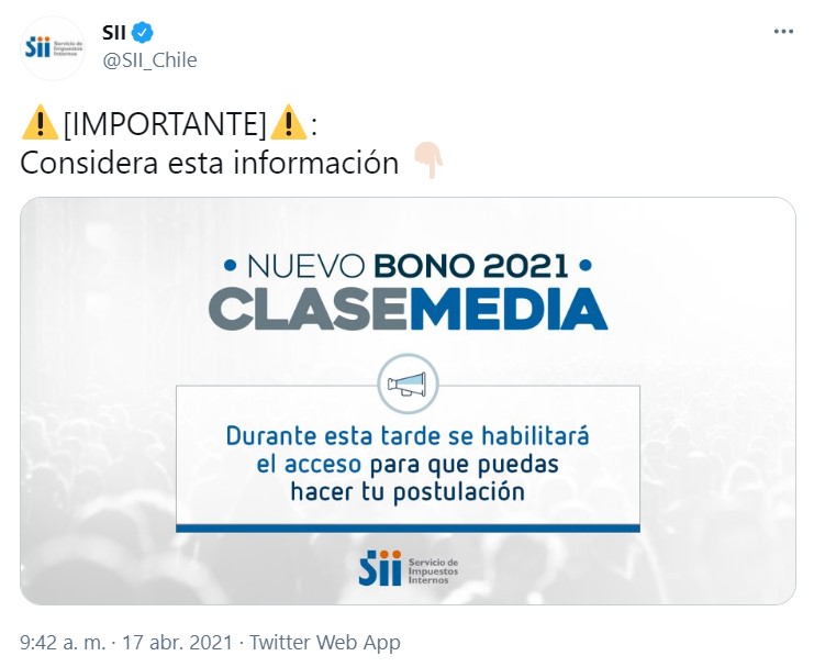 Mensaje en Twitter del SII.