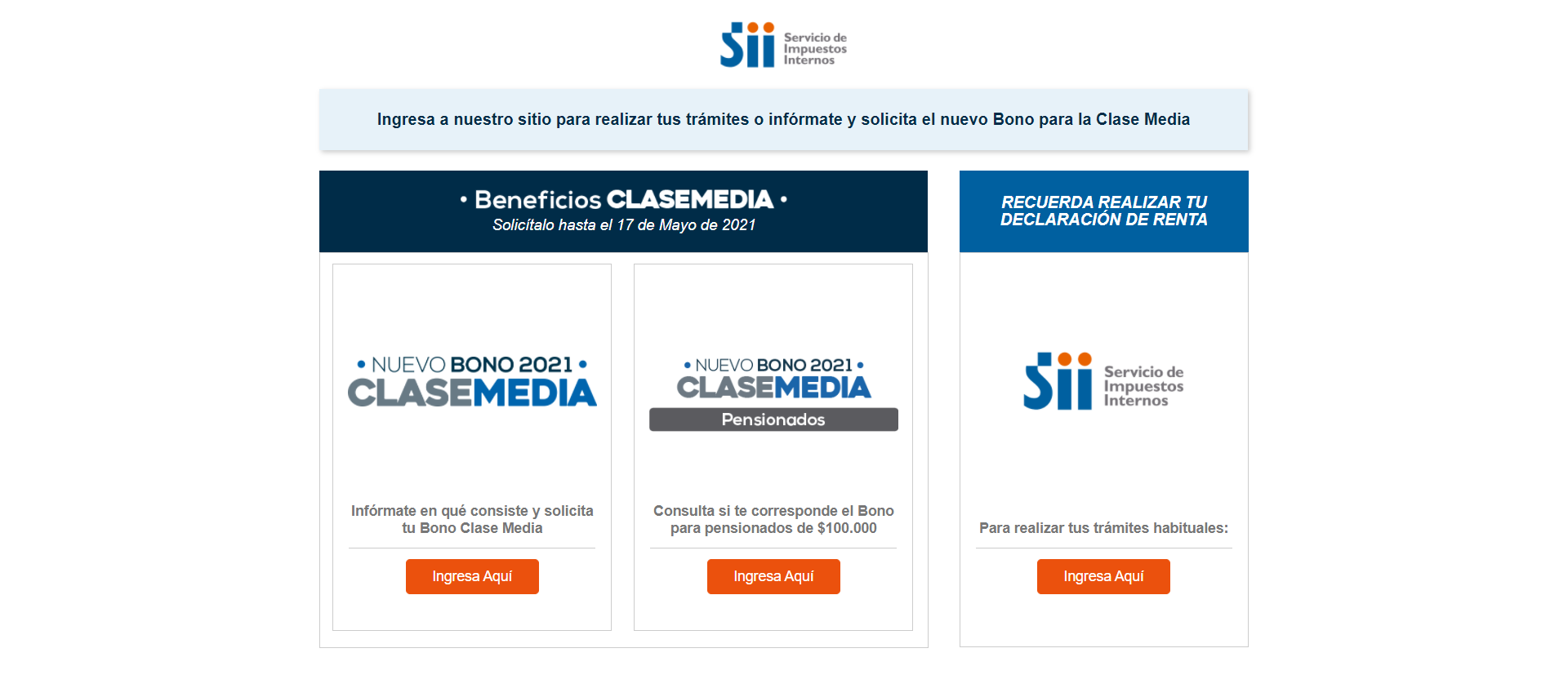 Landing Page al ingresar al sitio del SII.