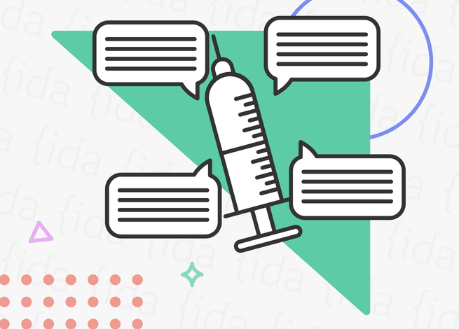 ícono de una vacuna con textos a su alrededor.