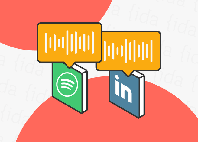 Logo de Spotify y LinkedIn con iconos de audio en la parte superior.