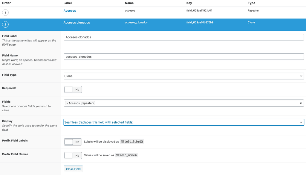Campo de clonado de ACF.