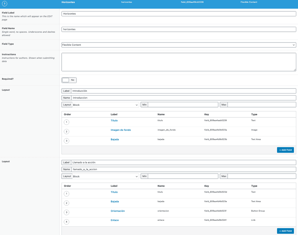 Campos de contenido flexible de Advanced Custom Fields.