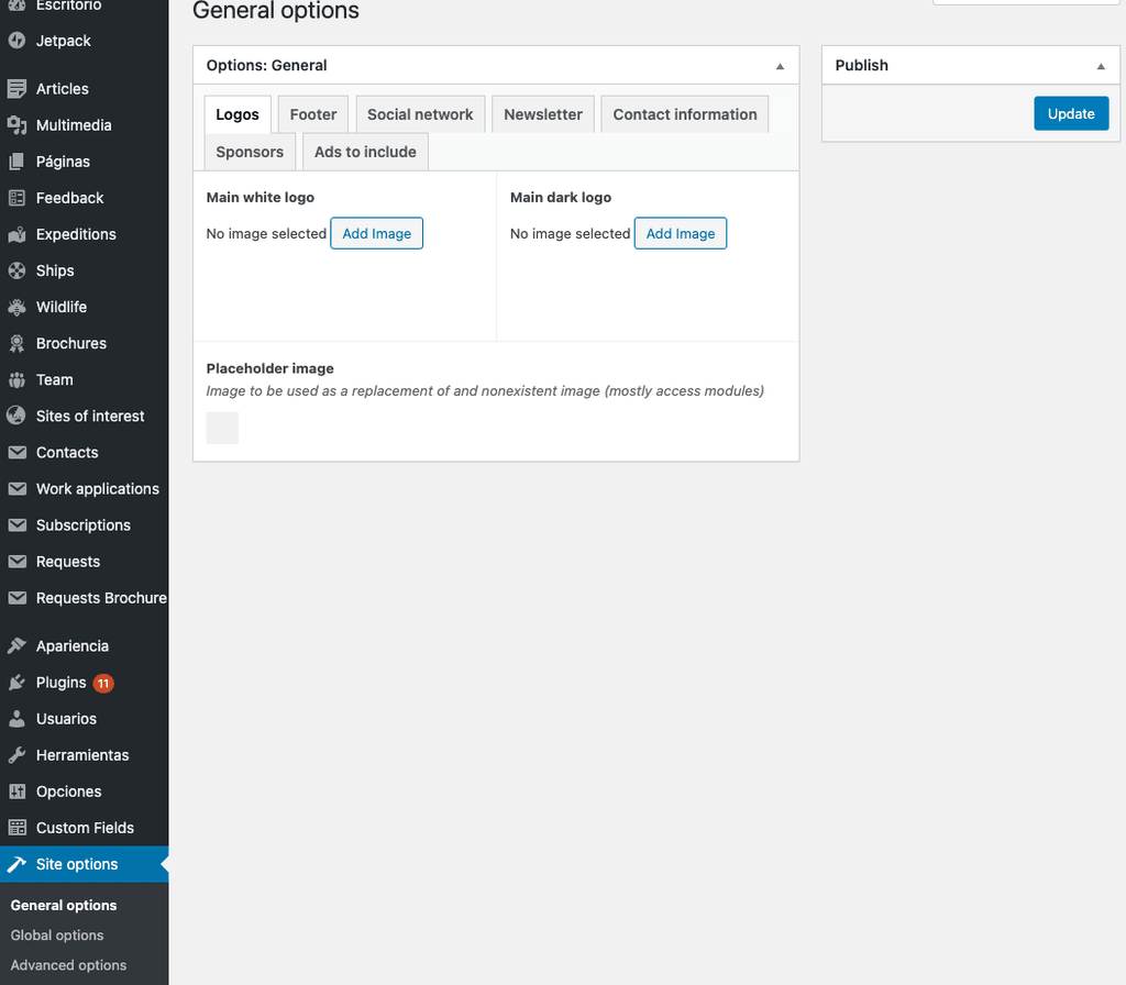 Página de opciones de ACF.