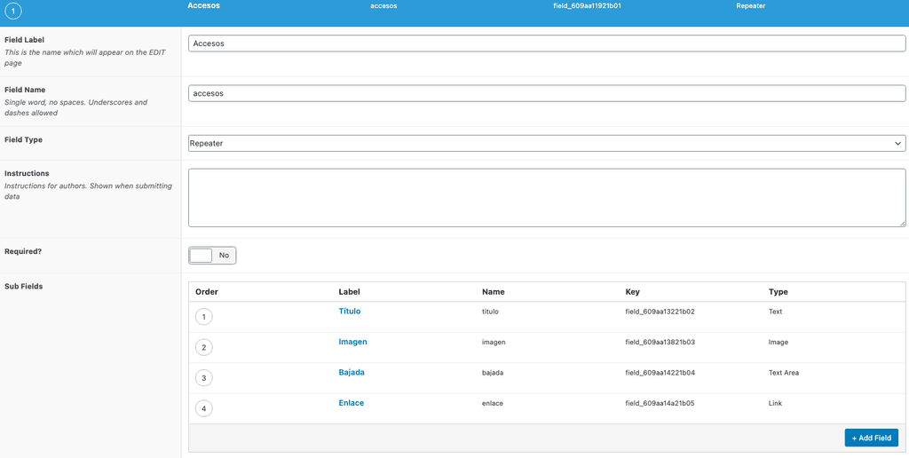 Campos repetidores de Advanced Custom Fields.