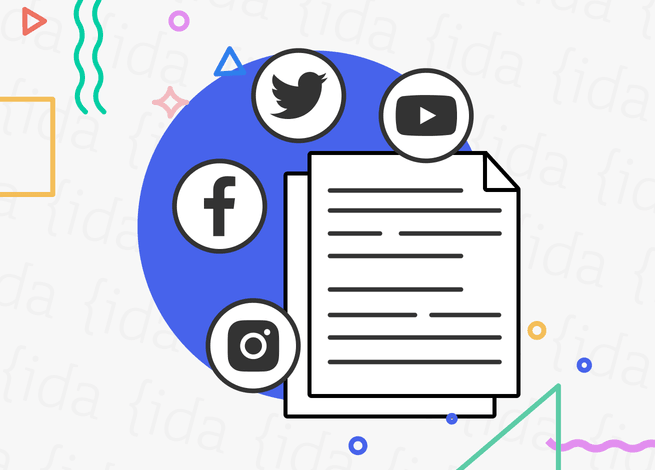 Iconos de Instagram, Facebook, Twitter y YouTube con un documento que hace referencia a nuevas regulaciones.