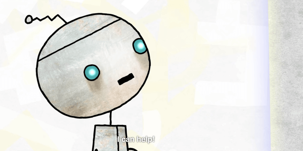 Imagen de un robot con un texto que dice "I can help!"