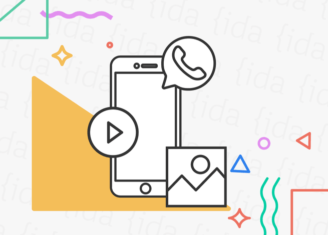 Logo de WhatsApp en un celular con íconos que hacen referencia a los vídeos e imágenes.