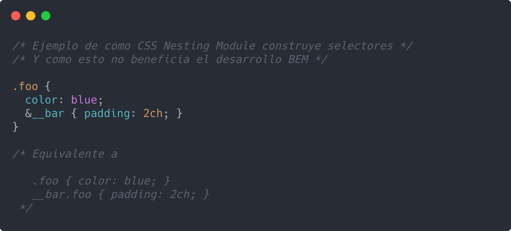 Ejemplo de como CSS Nesting Module construye selectores 
