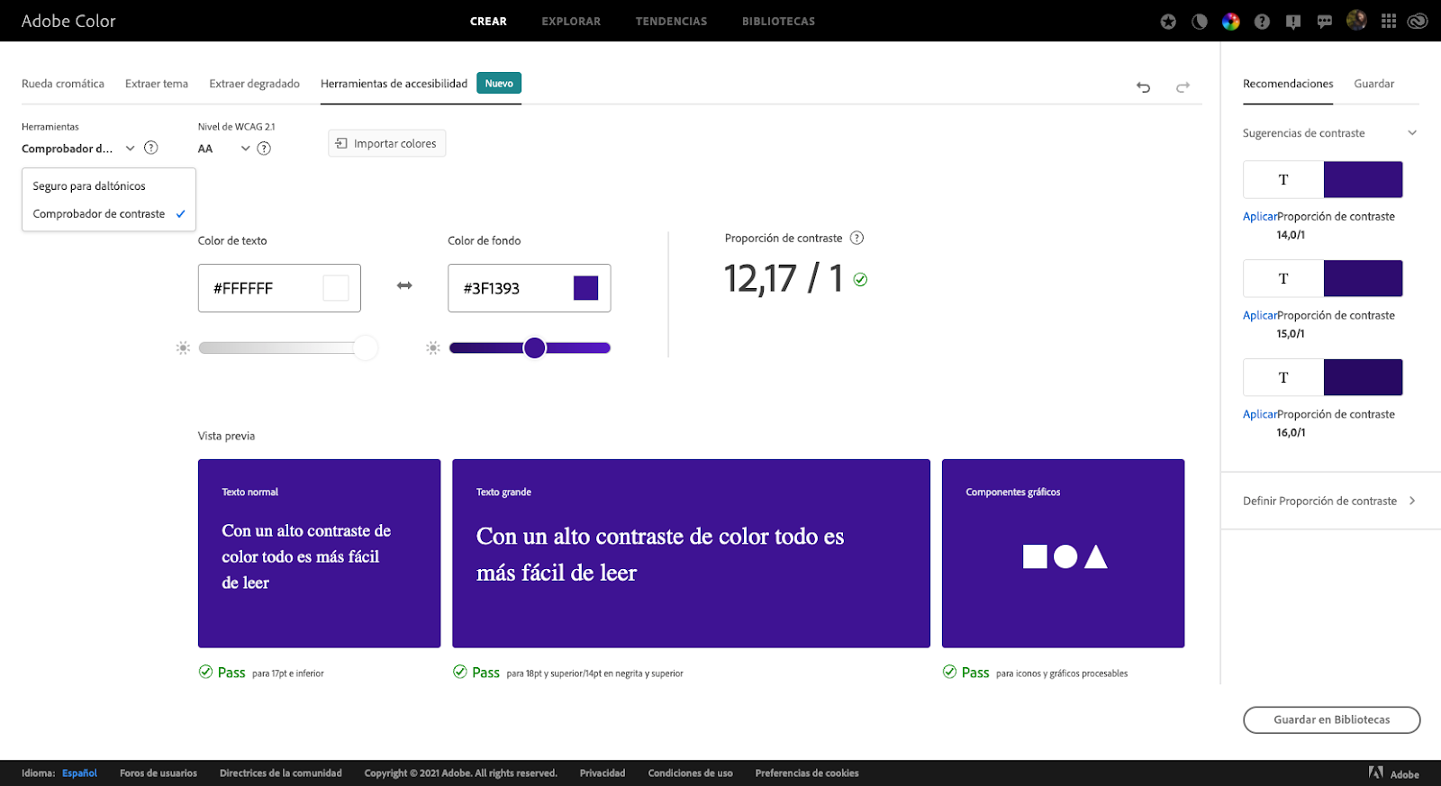 Herramienta para verificar contrastes en Adobe Color