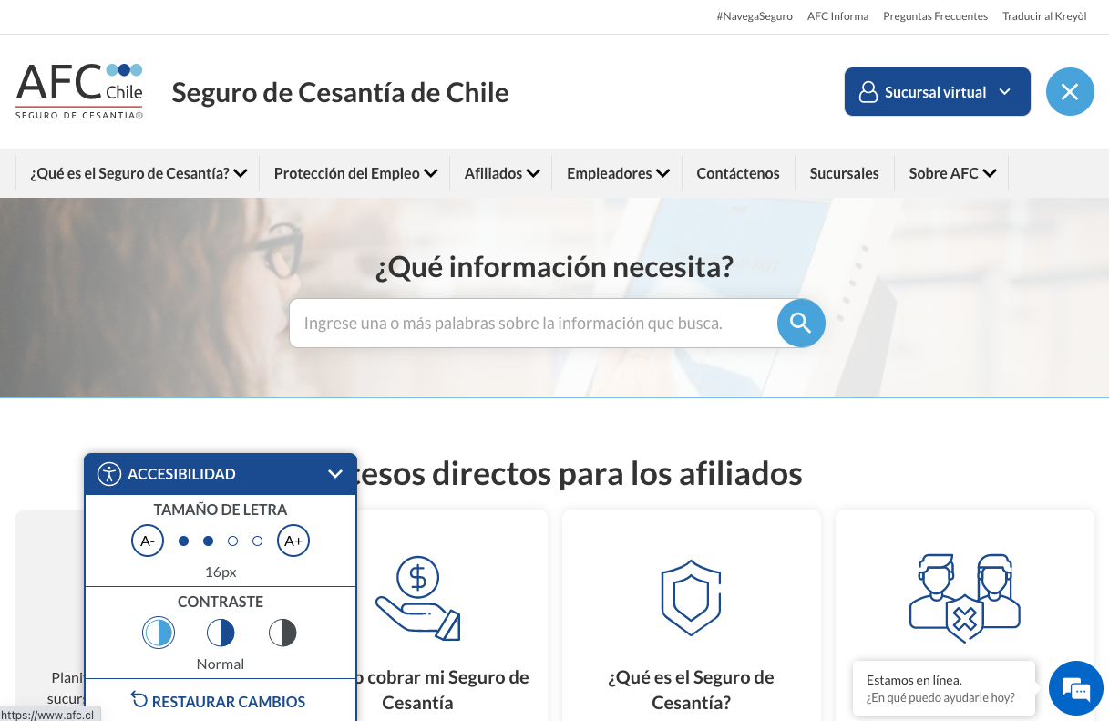Sitio de AFC junto al widget de accesibilidad.