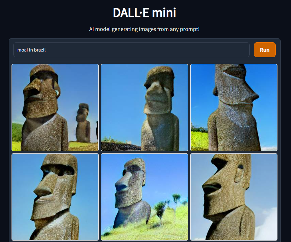 imagen creada por DALL-E mini que refleja a moais. 