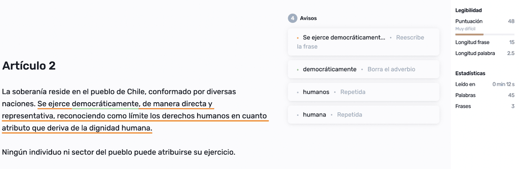 Revisión de la legibilidad del Artículo 2 de la Nueva Constitución.