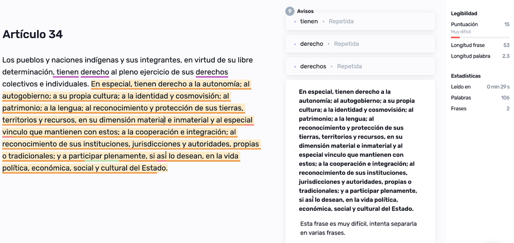 Revisión de la legibilidad del Artículo 34 de la Nueva Constitución.