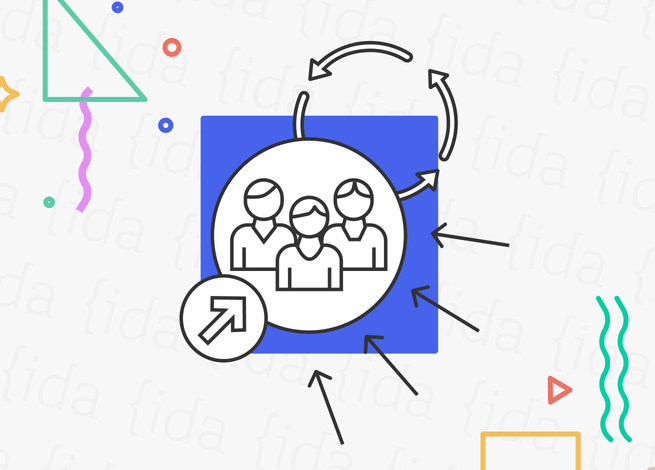 Icono de tres personas dentro de un círculo y acompañados de un una serie de indicadores que reflejan un proceso cíclico.