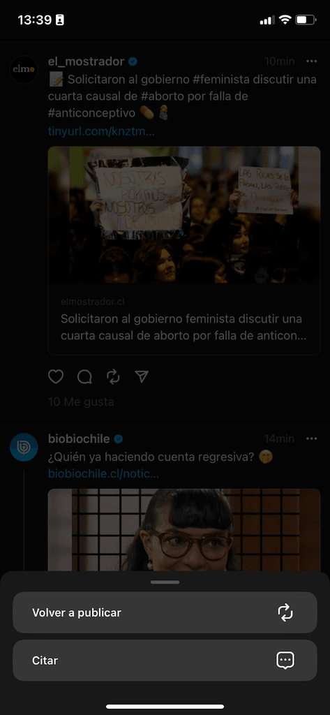 Threads y sus opciones de publicación.
