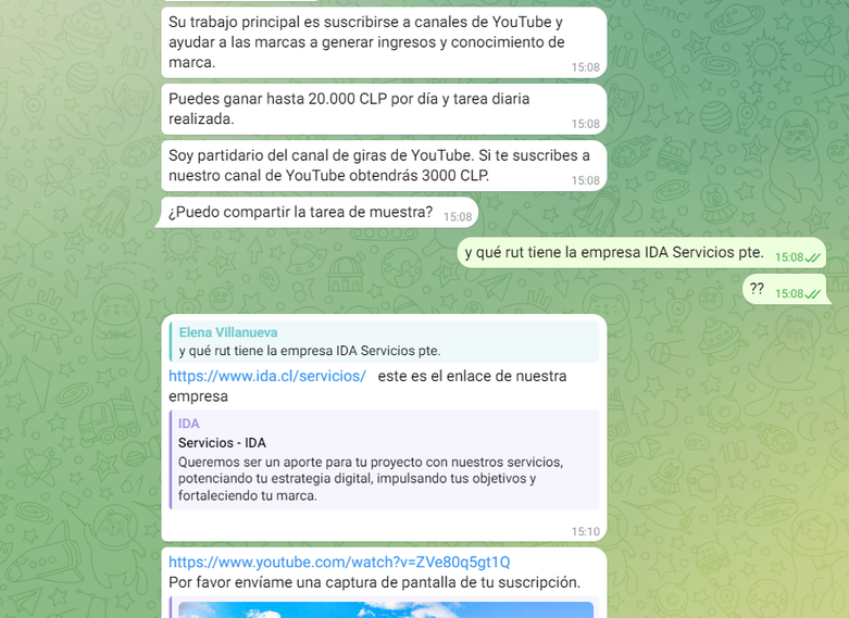 Pantallazo de una conversación donde se usa la identidad de {ida para intentar convencer a una persona